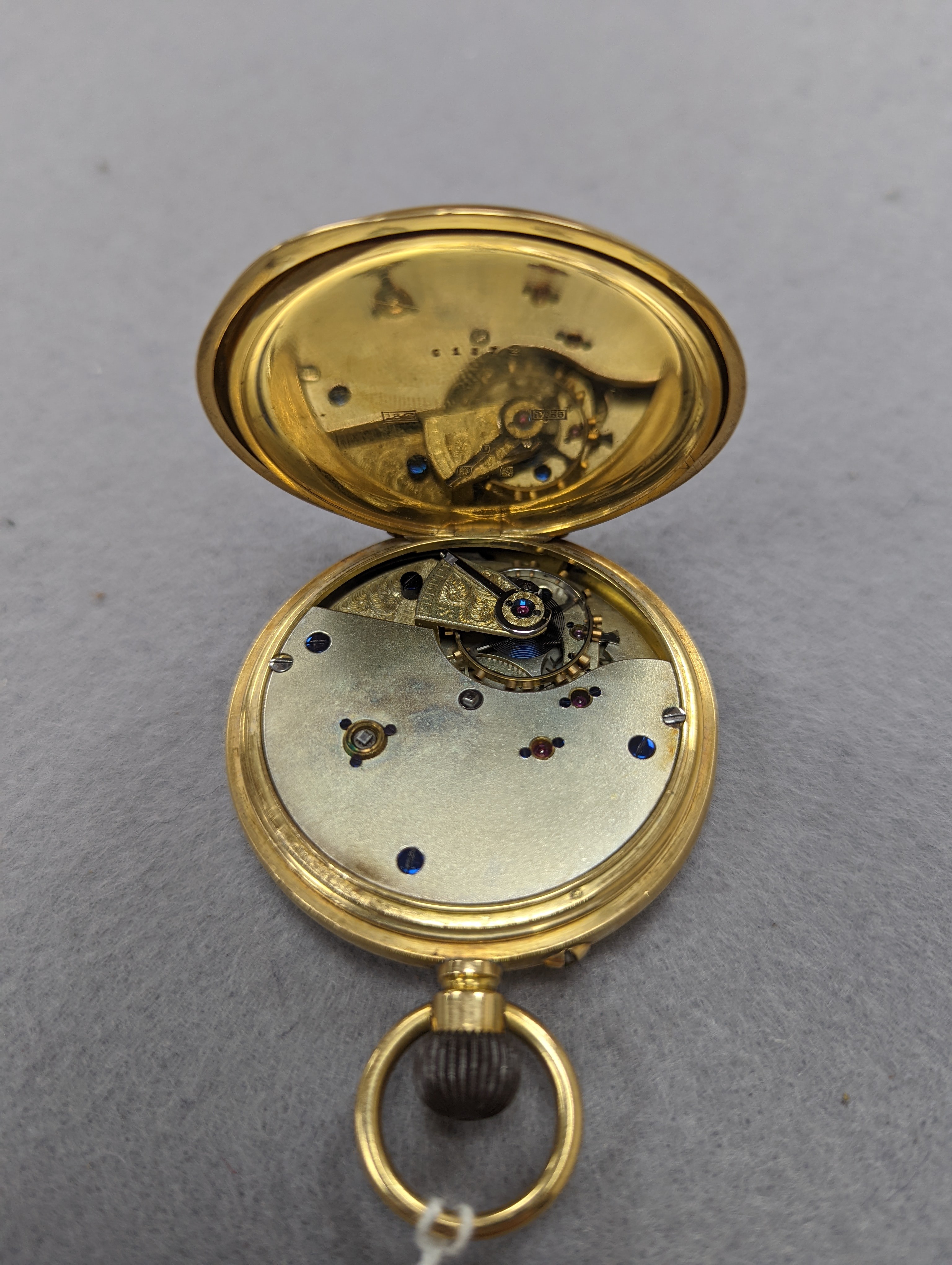 A Swiss 18k yellow metal keyless hunter pocket watch, with Roman dial and subsidiary seconds, case diameter 52mm, gross 121.8 grams, in fitted case.